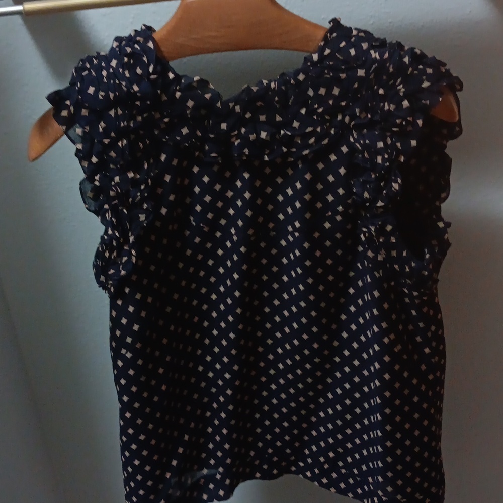 French Connection Navy and Cream Ruffled Blouse